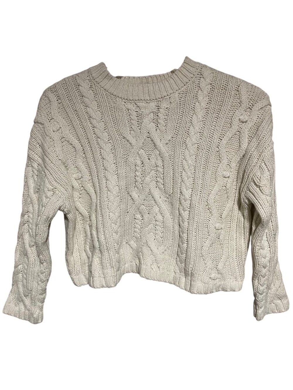 Soho & Stella Cable Knit Crewneck Sweater Cream XS Cotton Blend Cozy Cropped